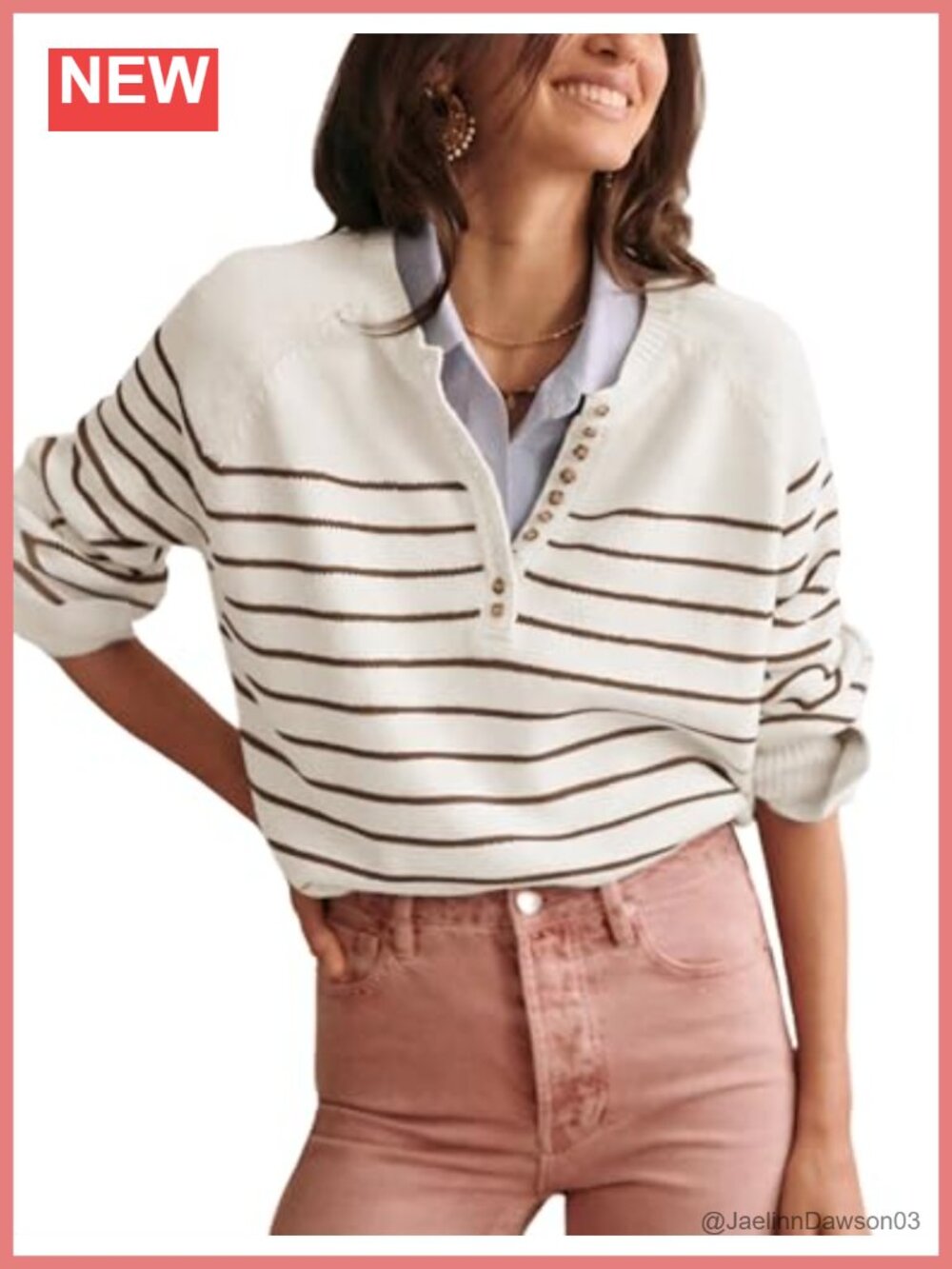 Women's Color Block Striped Button Up Crewneck Pullover Ribbed Knit Sweater